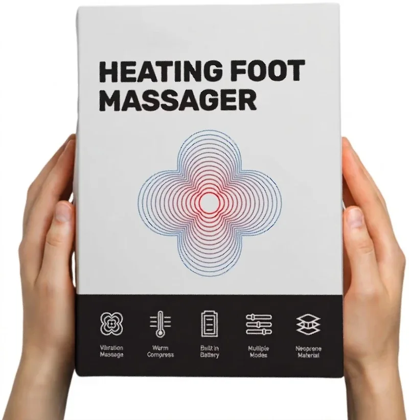 Twee handen houden de doos van het Stepeva voetmassageapparaat vast voor een witte achtergrond