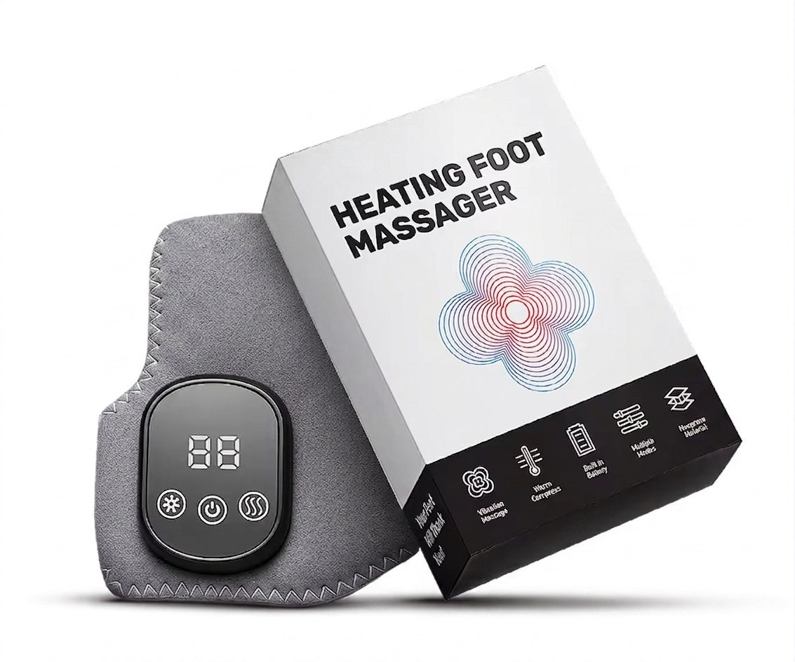 Stepeva voetmassageapparaat van grijs neopreen met zwarte bedieningsmodule, naast de verpakking